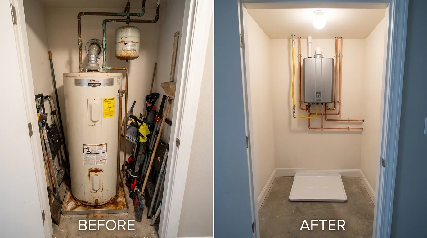 Tank water heater versus wall-mounted tankless unit comparison for Bridgeport, OH homeowners