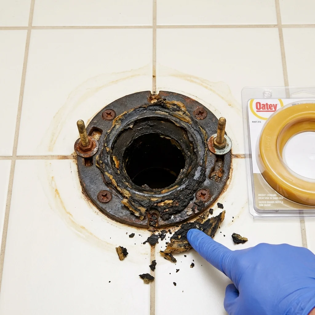 Failed wax ring showing water seepage at the base of a toilet in a Bridgeport, OH home
