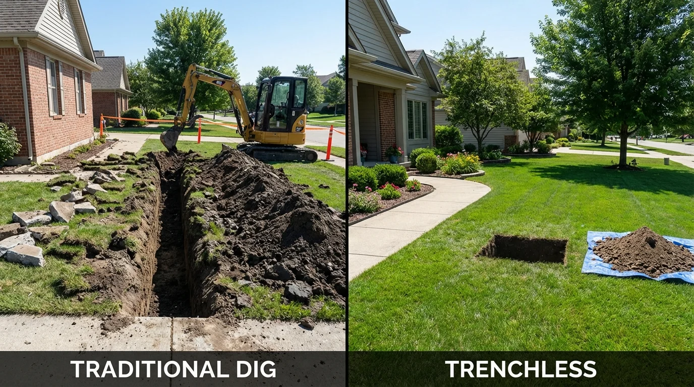 Trenchless sewer repair with minimal yard damage versus traditional excavation in Bridgeport, OH